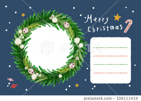 Christmas wreath postcard with photo in it, horizontal photo frame card, dark blue, navy 108111419