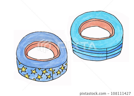 Illustration set of masking tape with horizontal stripes and star patterns drawn with water-based pens and transparent watercolors Illustration set of masking tape with horizontal stripes and star patterns drawn with water-based pens and transparent watercolors 108111427