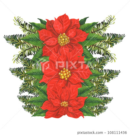 Watercolor Christmas composition with green fir branches, red poinsettia flower and candles Watercolor Christmas composition with green fir branches, red poinsettia flower and candles 108111436