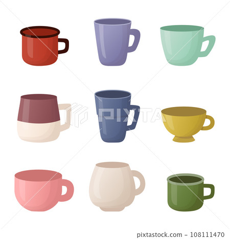 Set of colourful tea coffee mug and cup in flat style isolated on white. Vector illustration Set of colourful tea coffee mug and cup in flat style isolated on white. Vector illustration 108111470