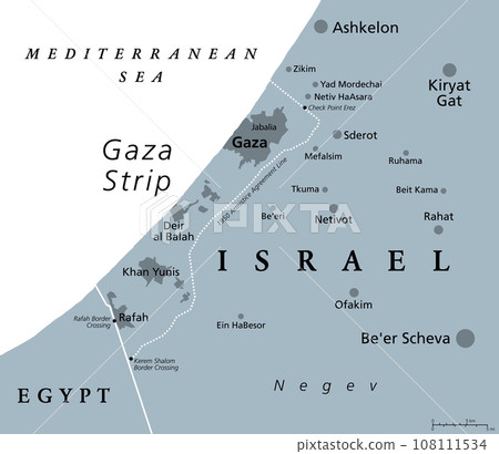 The Gaza Strip and surroundings, gray political map. Gaza, a self-governing Palestinian territory and narrow piece of land located on the coast of the Mediterranean Sea, bordered by Israel and Egypt. 108111534