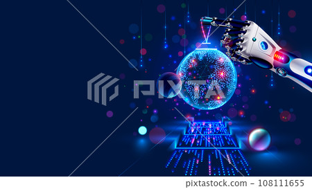 Merry Christmas and New Year Background in modern technology style. Christmas decoration in cyborg arm. Robot hand decoration christmas tree. AI or artificial intelligence greets the new year. Banner 108111655
