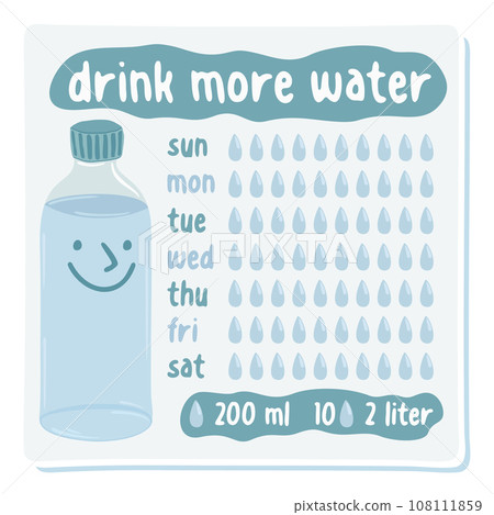 Drink more water. Water balance planner. How much water you drink a day. Vector isolated illustration. Drink more water. Water balance planner. How much water you drink a day. Vector isolated illustration. 108111859