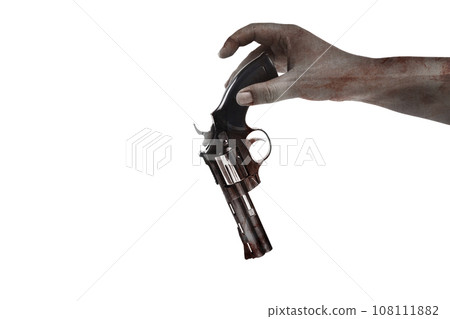 The hand of a scary zombie with blood and wounds carrying a handgun 108111882