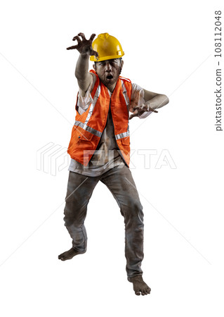 A scary construction worker zombie with blood and wounds on his body walking A scary construction worker zombie with blood and wounds on his body walking 108112048