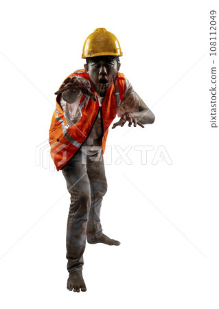 A scary construction worker zombie with blood and wounds on his body walking A scary construction worker zombie with blood and wounds on his body walking 108112049