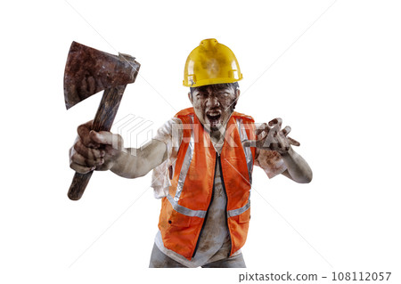 A scary construction worker zombie with blood and wounds on his body walking while carrying an axe 108112057