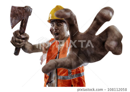 A scary construction worker zombie with blood and wounds on his body walking while carrying an axe A scary construction worker zombie with blood and wounds on his body walking while carrying an axe 108112058