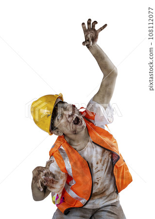 A scary construction worker zombie with blood and wounds on his body walking 108112077