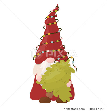 A Christmas gnome holds a Christmas tree. Vector illustration on a white background A Christmas gnome holds a Christmas tree. Vector illustration on a white background 108112458