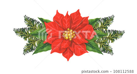 Watercolor Christmas composition with green fir branches, red poinsettia flower and candles 108112588