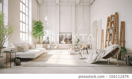 Interior design in Scandinavian style, modern living room in country house, villa, hotel. Minimalism, panoramic windows 108112876