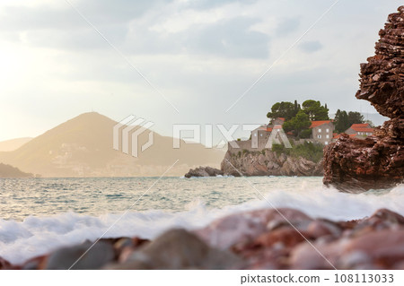 Sveti Stefan at sunset, near Budva, Montenegro. 108113033