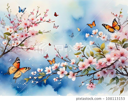 Blossoms, Flowers, Branches, and Butterflies with Sky Background. Generative AI. 108113153