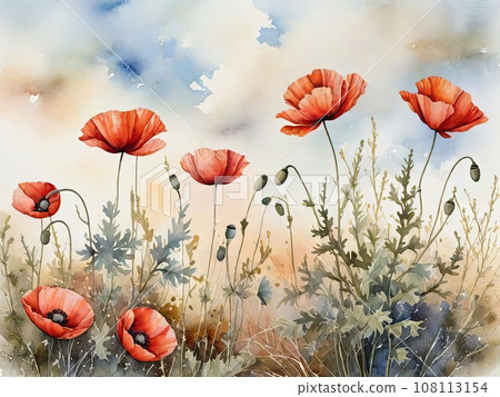 Landscape Watercolor Painting: Blossoms and Flowers in Serene Harmony. Generative AI. 108113154