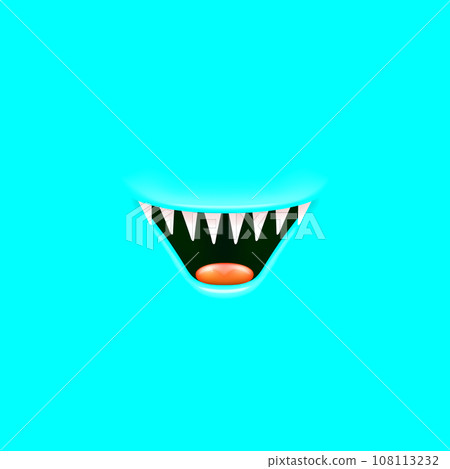 Vector Cartoon open mouth with fangs isolated on cyan background. Funny and cute cyan funny Halloween Monster open mouth with big vampire fangs. jaws and mouth of the beast cartoon illustration Vector Cartoon open mouth with fangs isolated on cyan background. Funny and cute cyan funny Halloween Monster open mouth with big vampire fangs. jaws and mouth of the beast cartoon illustration 108113232