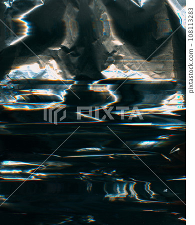 Crumpled texture noise. Dust scratches overlay. Glitch distortion. Blue orange white color glow on dark rough grunge illustration abstract background with free space. Crumpled texture noise. Dust scratches overlay. Glitch distortion. Blue orange white color glow on dark rough grunge illustration abstract background with free space. 108113283