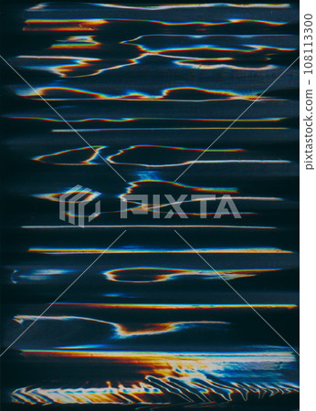 Aged film texture. Color distortion. Light flare artifacts. Orange blue white glow dust scratches on dark black distressed illustration abstract background with free space. Aged film texture. Color distortion. Light flare artifacts. Orange blue white glow dust scratches on dark black distressed illustration abstract background with free space. 108113300