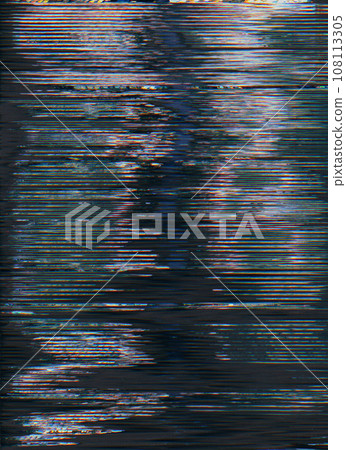 Glitch texture. Analog noise overlay. VHS tape distortion. Blue purple color pixel lines artifacts on dark black illustration abstract copy space background. Glitch texture. Analog noise overlay. VHS tape distortion. Blue purple color pixel lines artifacts on dark black illustration abstract copy space background. 108113305