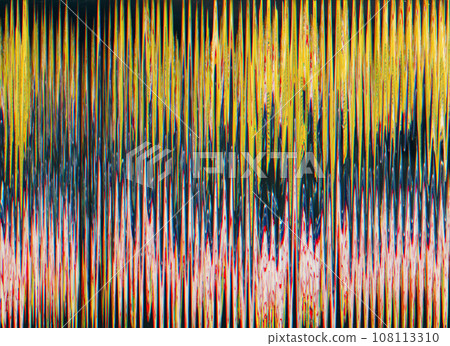 Glitch noise texture. Analog distortion. Frequency error. Yellow blue pink white color fuzzy artifacts illustration abstract background with free space. Glitch noise texture. Analog distortion. Frequency error. Yellow blue pink white color fuzzy artifacts illustration abstract background with free space. 108113310
