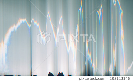 Glitch texture overlay. Old film noise. VHS tape distortion. Rainbow color light flare on blue white illustration abstract copy space background. 108113346