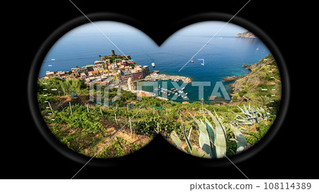 Binoculars Point of View with the famous Vernazza Village Liguria Italy 108114389