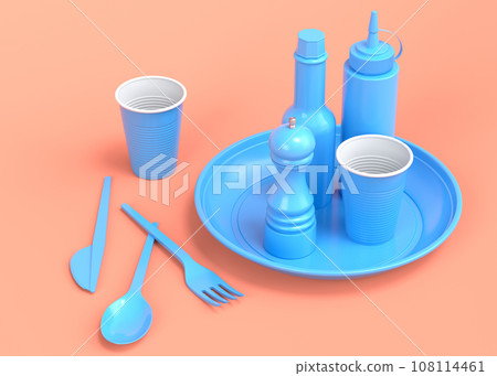 Set of disposable utensils like plate, folk, spoon,knife, cup and pepper mill Set of disposable utensils like plate, folk, spoon,knife, cup and pepper mill 108114461