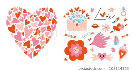 Big heart made from small hearts and romantic objects like envelope, sweets and flowers. Valentines day concept, cartoon style. Trendy modern vector illustration isolated on white, hand drawn, flat 108114593