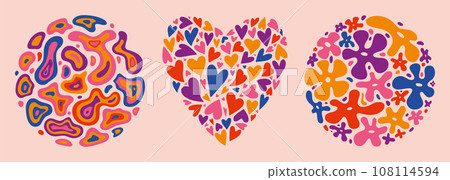 Set of Abstract shapes made from small colorful liquid shapes, cartoon style. Funky Groovy Backdrops, retro style. Trendy modern vector illustration, hand drawn, flat design Set of Abstract shapes made from small colorful liquid shapes, cartoon style. Funky Groovy Backdrops, retro style. Trendy modern vector illustration, hand drawn, flat design 108114594