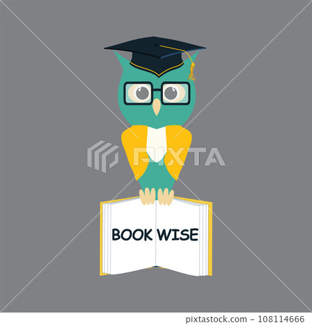 Wise owl in glasses, graduate hat holds an open book in his paws. Vector owl character in master cap flat illustration 108114666