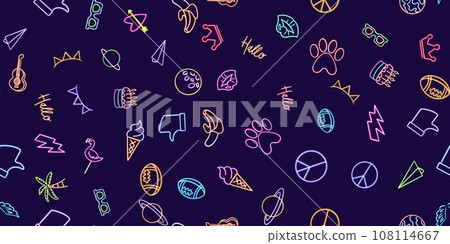Vibrant Neon Summer Elements Seamless Pattern. glowing desktop icon, neon sticker, neon figure, glowing figure, neon geometrical figures Vibrant Neon Summer Elements Seamless Pattern. glowing desktop icon, neon sticker, neon figure, glowing figure, neon geometrical figures 108114667