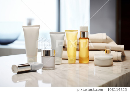 Cosmetic packaging containers for skincare on store shelf, skin care set for daily routine. Beauty product mock-up. Set of unbranded bottles and tubes for design packaging. Beauty and spa concept Cosmetic packaging containers for skincare on store shelf, skin care set for daily routine. Beauty product mock-up. Set of unbranded bottles and tubes for design packaging. Beauty and spa concept 108114823