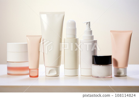 A set of bottles and tubes of cosmetics, jars for skin care with