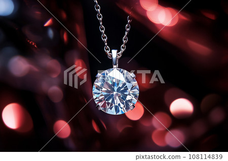 Luxury jewelry, platinum necklace with diamonds on dark bokeh background close-up. Golden necklace in the store. Beautiful diamond pendant necklace. Jewelry showcase, selective focus 108114839