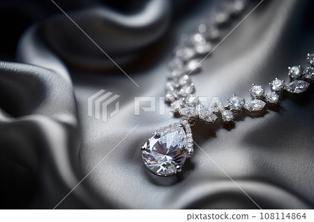 Luxury jewelry, platinum necklace with diamonds on dark silk fabric close-up. Golden necklace in the store. Beautiful diamond pendant necklace. Jewelry showcase, selective focus Luxury jewelry, platinum necklace with diamonds on dark silk fabric close-up. Golden necklace in the store. Beautiful diamond pendant necklace. Jewelry showcase, selective focus 108114864