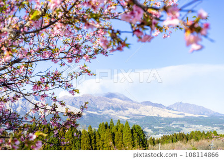 Bright spring sky and Mt. Aso (copy space material) (Minamiaso Sakura Park) Minamiaso 108114866