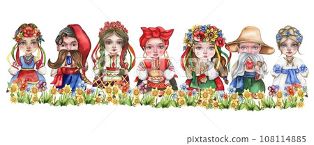Composition of girl and boy gnome in national ukrainian costume standing in flowers. Design for baby shower party, birthday,cake, holiday celebration design, greetings card, invitation. 108114885