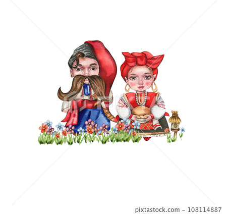 Composition of girl and boy gnome in national ukrainian costume standing in flowers. Design for baby shower party, birthday,cake, holiday celebration design, greetings card, invitation. 108114887