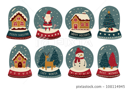 Christmas glass balls with gingerbread houses, Christmas trees, snowman and much more. Christmas glass balls with gingerbread houses, Christmas trees, snowman and much more. 108114945