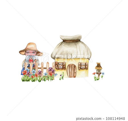 Composition of boy gnome in national ukrainian costume ,country houses and flowers. Design for baby shower party, birthday,cake, holiday celebration design, greetings card, invitation. 108114948