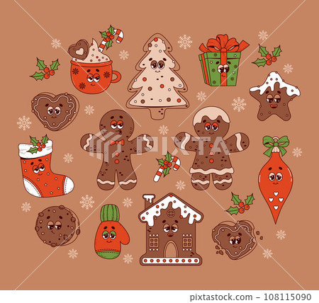 Christmas retro cartoon characters. Gingerbread man and house, tree toys, stocking, gift and cocoa. Cool isolated vector elements in trendy groovy hippie style. Merry Christmas and Happy New year. 108115090