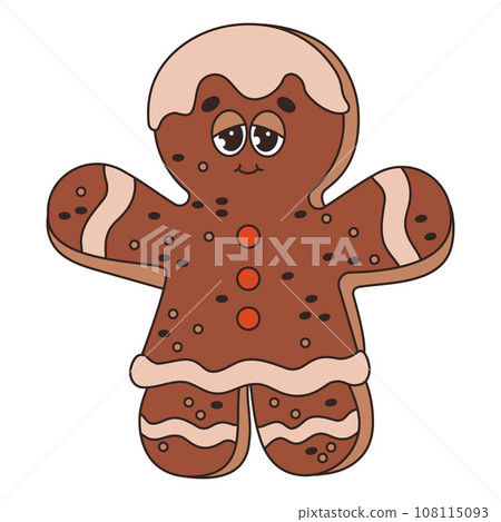 Christmas gingerbread man girl. Funny retro cartoon character in trendy groovy style. Festive traditional baking sweet food. Merry Christmas and Happy New Year. Vector Illustration 108115093