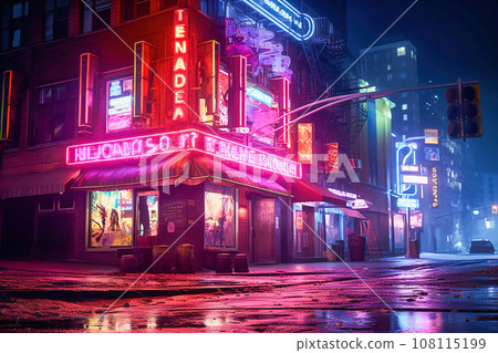 Neon signs and lights in an empty city at night. Neon signs and lights in an empty city at night. 108115199