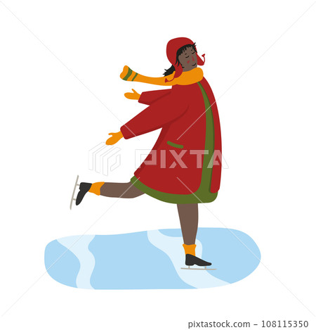 Young black female cartoon character ice skating. African-American woman wearing winter clothes and ice skates enjoying outdoor seasonal hobby activity. Diversity concept, flat vector illustration 108115350