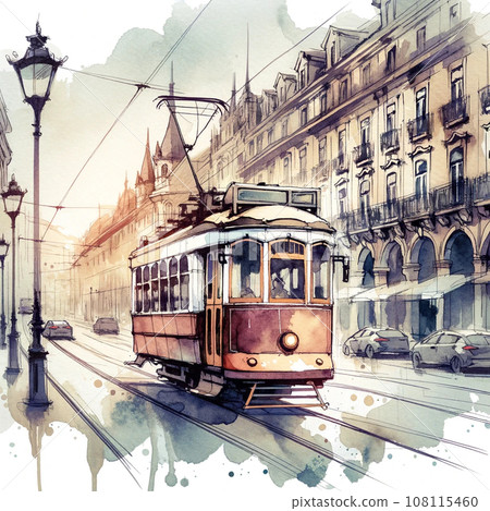 水彩風格的電車穿過復古小鎮 108115460