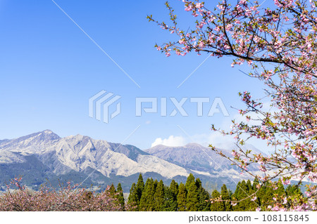 Bright spring sky and Mt. Aso (copy space material) (Minamiaso Sakura Park) Minamiaso 108115845