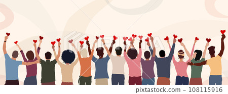 Group of diverse people seen from behind with hands raised holding a heart. Charitable donation and volunteer work. Community.NGO.Aid.Non profit.Support and assistance. People diversity 108115916