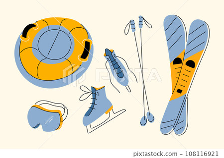 Winter family sport activity elements skates skis tube and protective mask in hand drawn flat style 108116921