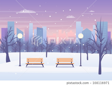 Cartoon Color Winter City Park Landscape Scene Concept Flat Design Style. Vector illustration of Public Recreation Garden Season Snowfall Cartoon Color Winter City Park Landscape Scene Concept Flat Design Style. Vector illustration of Public Recreation Garden Season Snowfall 108116971