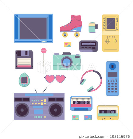 Cartoon Color Retro Eighties and Nineties Elements Set Concept Flat Design Style Include of Boombox and Audio Cassette. Vector illustration Cartoon Color Retro Eighties and Nineties Elements Set Concept Flat Design Style Include of Boombox and Audio Cassette. Vector illustration 108116976